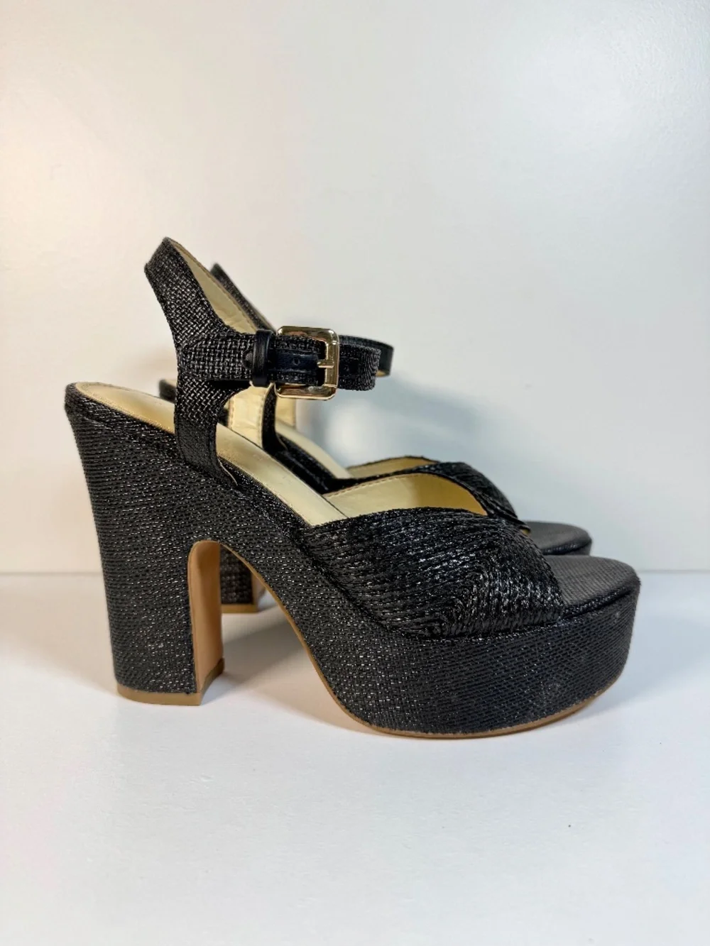 Marc Fisher LTD Black Raffia Platform Sandals | Woven Chunky Block Heel | Size 7